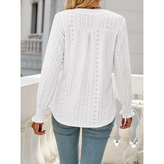 Elasticity Hollow Solid Color Long Sleeves Loose V-neck T-Shirts Tops Elasticity Hollow Solid Color Long Sleeves Loose V-neck T-Shirts Tops