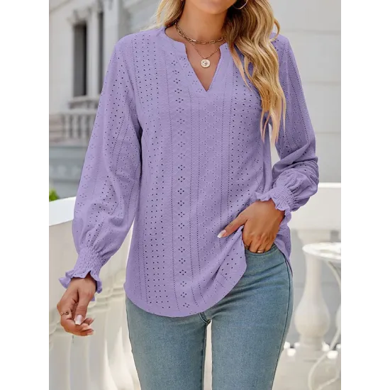 Elasticity Hollow Solid Color Long Sleeves Loose V-neck T-Shirts Tops Elasticity Hollow Solid Color Long Sleeves Loose V-neck T-Shirts Tops