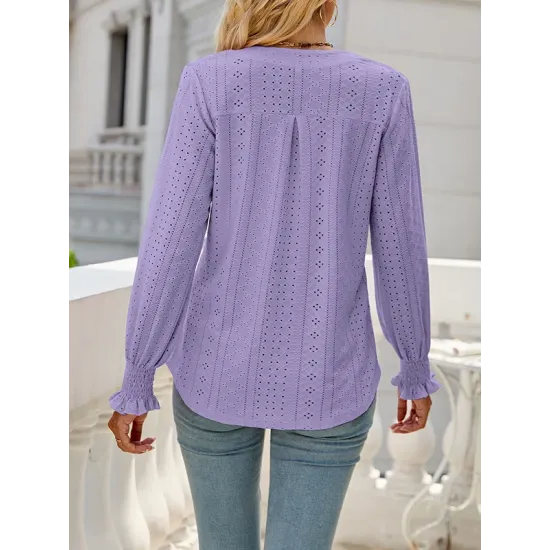 Elasticity Hollow Solid Color Long Sleeves Loose V-neck T-Shirts Tops Elasticity Hollow Solid Color Long Sleeves Loose V-neck T-Shirts Tops