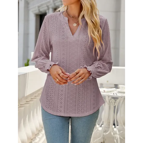 Elasticity Hollow Solid Color Long Sleeves Loose V-neck T-Shirts Tops Elasticity Hollow Solid Color Long Sleeves Loose V-neck T-Shirts Tops