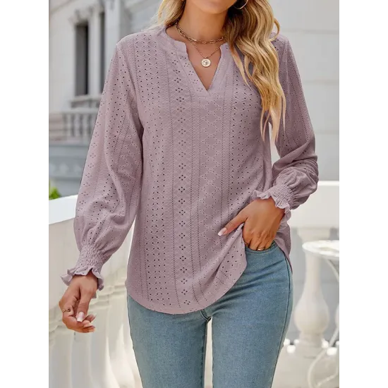 Elasticity Hollow Solid Color Long Sleeves Loose V-neck T-Shirts Tops Elasticity Hollow Solid Color Long Sleeves Loose V-neck T-Shirts Tops