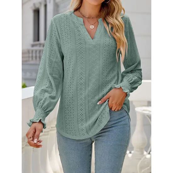 Elasticity Hollow Solid Color Long Sleeves Loose V-neck T-Shirts Tops Elasticity Hollow Solid Color Long Sleeves Loose V-neck T-Shirts Tops