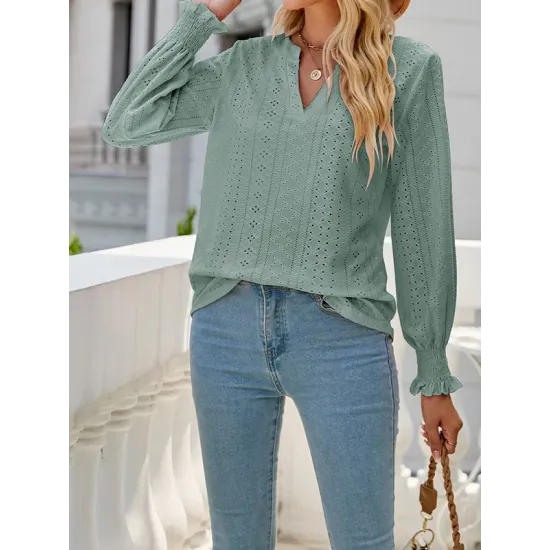Elasticity Hollow Solid Color Long Sleeves Loose V-neck T-Shirts Tops Elasticity Hollow Solid Color Long Sleeves Loose V-neck T-Shirts Tops
