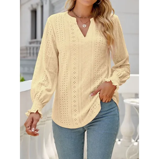 Elasticity Hollow Solid Color Long Sleeves Loose V-neck T-Shirts Tops Elasticity Hollow Solid Color Long Sleeves Loose V-neck T-Shirts Tops