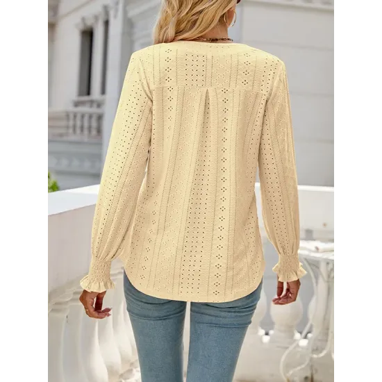 Elasticity Hollow Solid Color Long Sleeves Loose V-neck T-Shirts Tops Elasticity Hollow Solid Color Long Sleeves Loose V-neck T-Shirts Tops