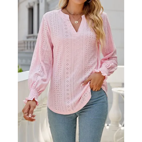 Elasticity Hollow Solid Color Long Sleeves Loose V-neck T-Shirts Tops Elasticity Hollow Solid Color Long Sleeves Loose V-neck T-Shirts Tops