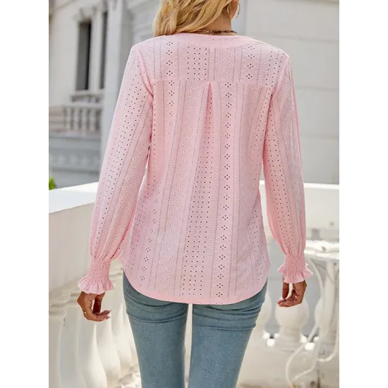 Elasticity Hollow Solid Color Long Sleeves Loose V-neck T-Shirts Tops Elasticity Hollow Solid Color Long Sleeves Loose V-neck T-Shirts Tops