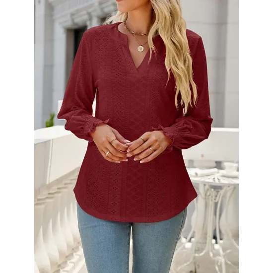 Elasticity Hollow Solid Color Long Sleeves Loose V-neck T-Shirts Tops Elasticity Hollow Solid Color Long Sleeves Loose V-neck T-Shirts Tops