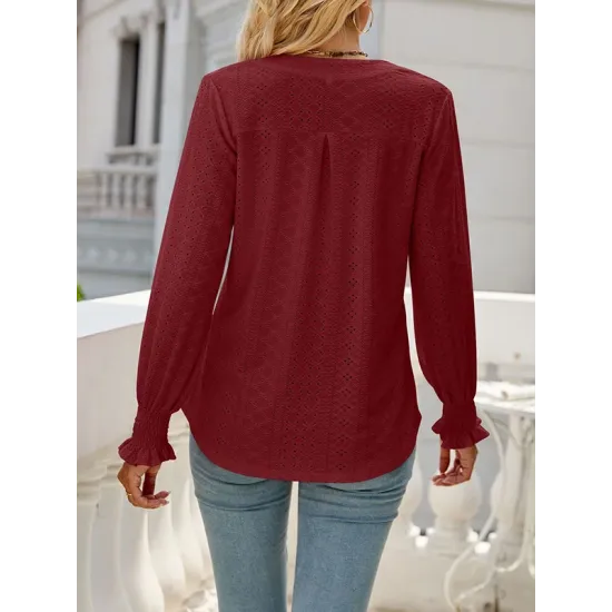Elasticity Hollow Solid Color Long Sleeves Loose V-neck T-Shirts Tops Elasticity Hollow Solid Color Long Sleeves Loose V-neck T-Shirts Tops
