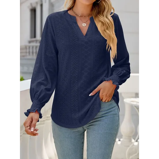 Elasticity Hollow Solid Color Long Sleeves Loose V-neck T-Shirts Tops Elasticity Hollow Solid Color Long Sleeves Loose V-neck T-Shirts Tops