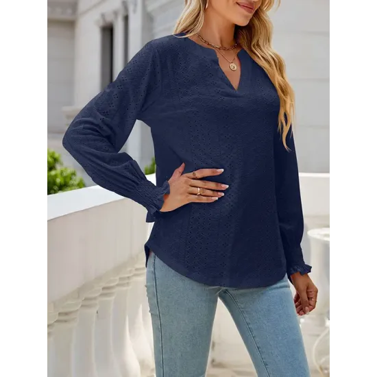 Elasticity Hollow Solid Color Long Sleeves Loose V-neck T-Shirts Tops Elasticity Hollow Solid Color Long Sleeves Loose V-neck T-Shirts Tops