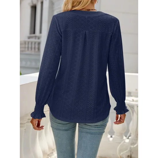 Elasticity Hollow Solid Color Long Sleeves Loose V-neck T-Shirts Tops Elasticity Hollow Solid Color Long Sleeves Loose V-neck T-Shirts Tops