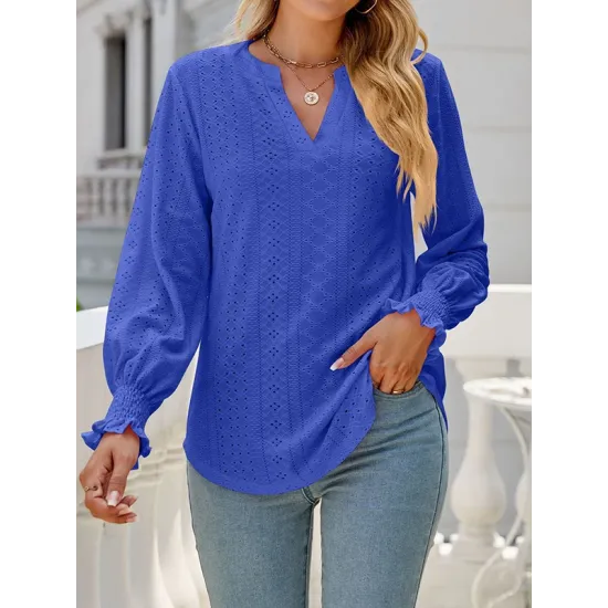 Elasticity Hollow Solid Color Long Sleeves Loose V-neck T-Shirts Tops Elasticity Hollow Solid Color Long Sleeves Loose V-neck T-Shirts Tops