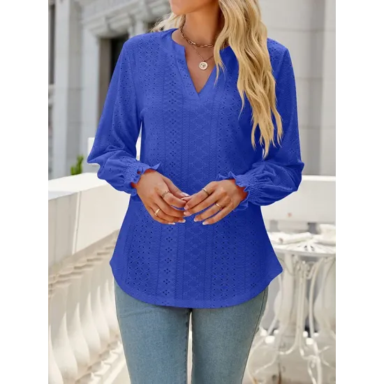 Elasticity Hollow Solid Color Long Sleeves Loose V-neck T-Shirts Tops Elasticity Hollow Solid Color Long Sleeves Loose V-neck T-Shirts Tops