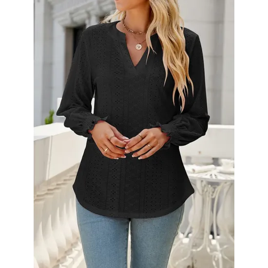 Elasticity Hollow Solid Color Long Sleeves Loose V-neck T-Shirts Tops Elasticity Hollow Solid Color Long Sleeves Loose V-neck T-Shirts Tops