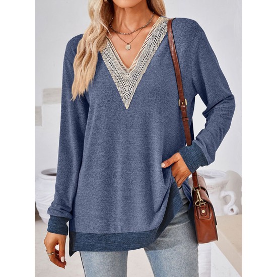 Hollow Split-Joint Split-Side Long Sleeves Loose V-Neck T-Shirts Tops Hollow Split-Joint Split-Side Long Sleeves Loose V-Neck T-Shirts Tops