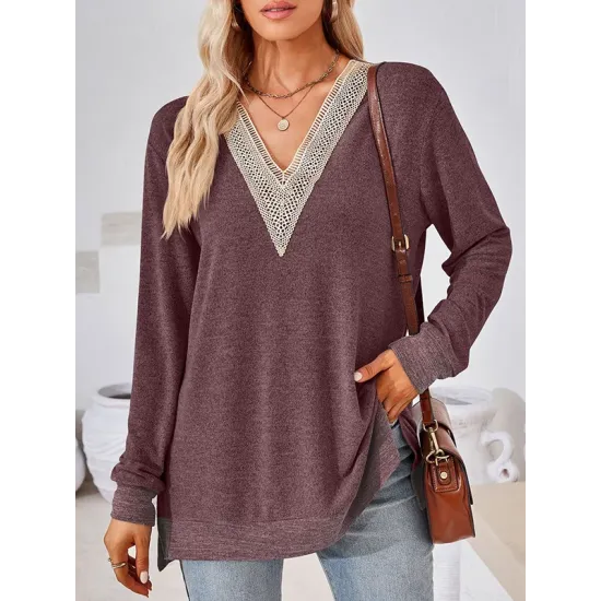 Hollow Split-Joint Split-Side Long Sleeves Loose V-Neck T-Shirts Tops Hollow Split-Joint Split-Side Long Sleeves Loose V-Neck T-Shirts Tops