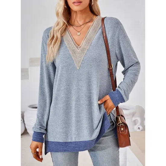 Hollow Split-Joint Split-Side Long Sleeves Loose V-Neck T-Shirts Tops Hollow Split-Joint Split-Side Long Sleeves Loose V-Neck T-Shirts Tops