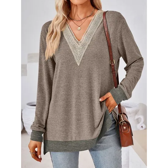 Hollow Split-Joint Split-Side Long Sleeves Loose V-Neck T-Shirts Tops Hollow Split-Joint Split-Side Long Sleeves Loose V-Neck T-Shirts Tops