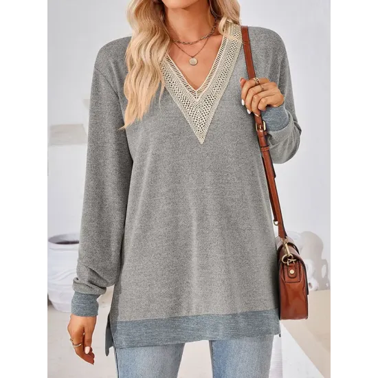 Hollow Split-Joint Split-Side Long Sleeves Loose V-Neck T-Shirts Tops Hollow Split-Joint Split-Side Long Sleeves Loose V-Neck T-Shirts Tops
