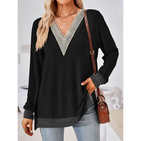 Hollow Split-Joint Split-Side Long Sleeves Loose V-Neck T-Shirts Tops Hollow Split-Joint Split-Side Long Sleeves Loose V-Neck T-Shirts Tops