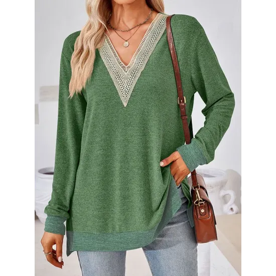 Hollow Split-Joint Split-Side Long Sleeves Loose V-Neck T-Shirts Tops Hollow Split-Joint Split-Side Long Sleeves Loose V-Neck T-Shirts Tops