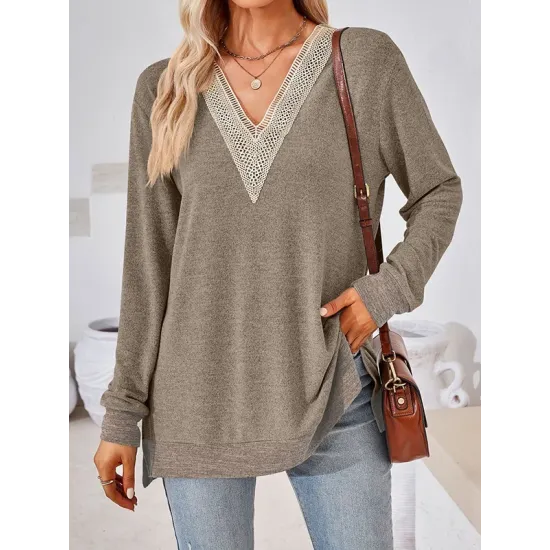 Hollow Split-Joint Split-Side Long Sleeves Loose V-Neck T-Shirts Tops Hollow Split-Joint Split-Side Long Sleeves Loose V-Neck T-Shirts Tops