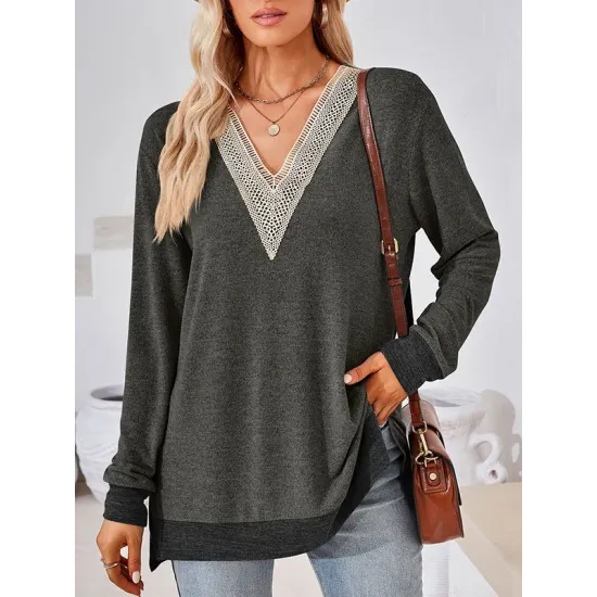 Hollow Split-Joint Split-Side Long Sleeves Loose V-Neck T-Shirts Tops Hollow Split-Joint Split-Side Long Sleeves Loose V-Neck T-Shirts Tops
