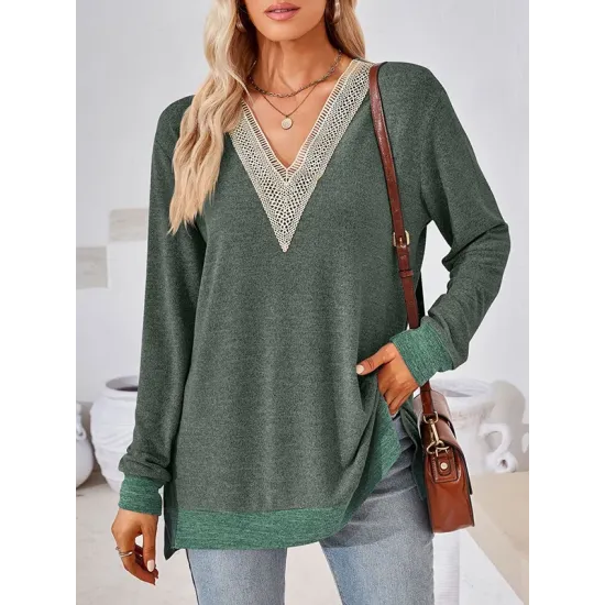Hollow Split-Joint Split-Side Long Sleeves Loose V-Neck T-Shirts Tops Hollow Split-Joint Split-Side Long Sleeves Loose V-Neck T-Shirts Tops