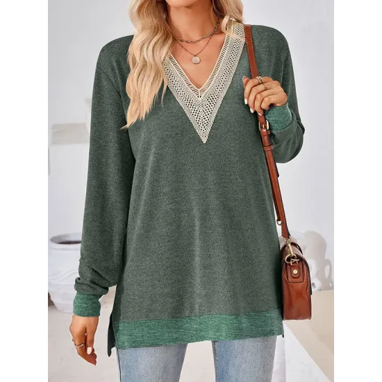 Hollow Split-Joint Split-Side Long Sleeves Loose V-Neck T-Shirts Tops Hollow Split-Joint Split-Side Long Sleeves Loose V-Neck T-Shirts Tops