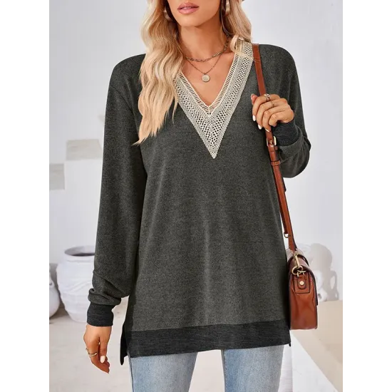 Hollow Split-Joint Split-Side Long Sleeves Loose V-Neck T-Shirts Tops Hollow Split-Joint Split-Side Long Sleeves Loose V-Neck T-Shirts Tops