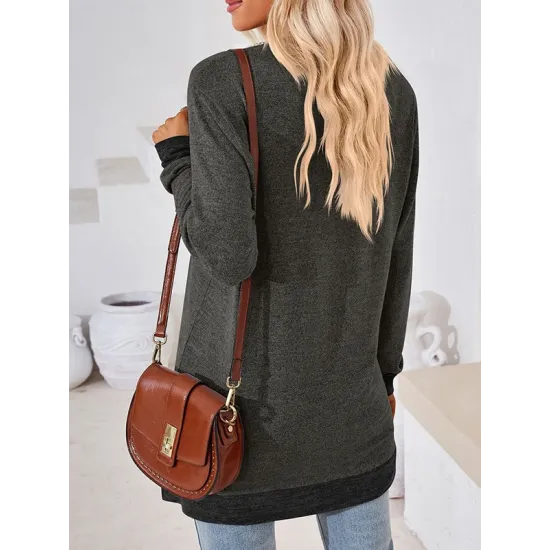 Hollow Split-Joint Split-Side Long Sleeves Loose V-Neck T-Shirts Tops Hollow Split-Joint Split-Side Long Sleeves Loose V-Neck T-Shirts Tops