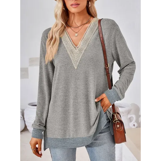 Hollow Split-Joint Split-Side Long Sleeves Loose V-Neck T-Shirts Tops Hollow Split-Joint Split-Side Long Sleeves Loose V-Neck T-Shirts Tops