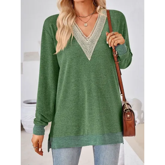 Hollow Split-Joint Split-Side Long Sleeves Loose V-Neck T-Shirts Tops Hollow Split-Joint Split-Side Long Sleeves Loose V-Neck T-Shirts Tops