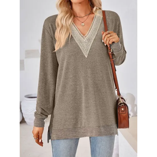 Hollow Split-Joint Split-Side Long Sleeves Loose V-Neck T-Shirts Tops Hollow Split-Joint Split-Side Long Sleeves Loose V-Neck T-Shirts Tops