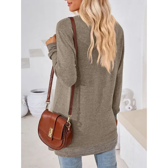 Hollow Split-Joint Split-Side Long Sleeves Loose V-Neck T-Shirts Tops Hollow Split-Joint Split-Side Long Sleeves Loose V-Neck T-Shirts Tops