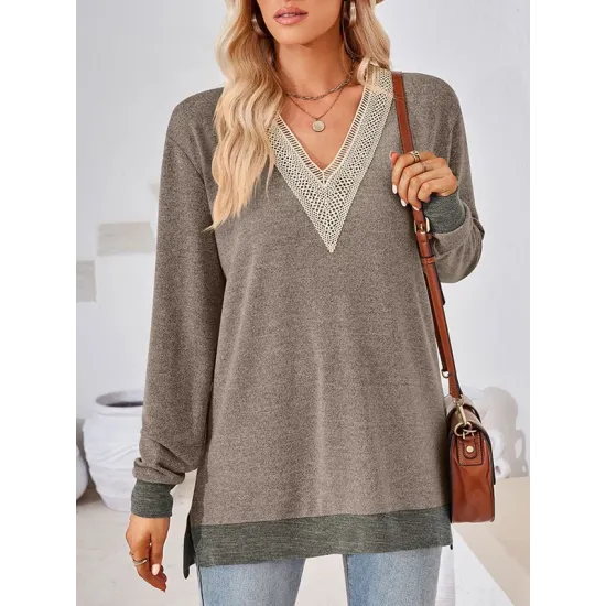Hollow Split-Joint Split-Side Long Sleeves Loose V-Neck T-Shirts Tops Hollow Split-Joint Split-Side Long Sleeves Loose V-Neck T-Shirts Tops