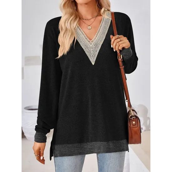 Hollow Split-Joint Split-Side Long Sleeves Loose V-Neck T-Shirts Tops Hollow Split-Joint Split-Side Long Sleeves Loose V-Neck T-Shirts Tops