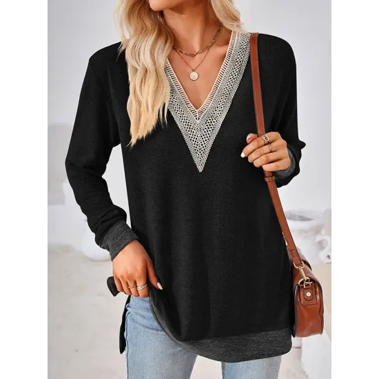 Hollow Split-Joint Split-Side Long Sleeves Loose V-Neck T-Shirts Tops Hollow Split-Joint Split-Side Long Sleeves Loose V-Neck T-Shirts Tops