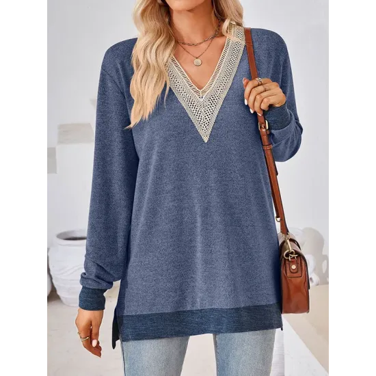 Hollow Split-Joint Split-Side Long Sleeves Loose V-Neck T-Shirts Tops Hollow Split-Joint Split-Side Long Sleeves Loose V-Neck T-Shirts Tops