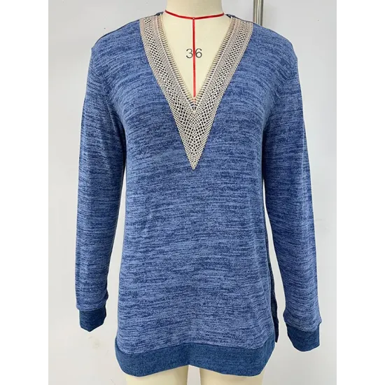 Hollow Split-Joint Split-Side Long Sleeves Loose V-Neck T-Shirts Tops Hollow Split-Joint Split-Side Long Sleeves Loose V-Neck T-Shirts Tops