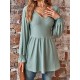 Elasticity Jacquard Pleated Solid Color Long Sleeves V-Neck T-Shirts Tops Elasticity Jacquard Pleated Solid Color Long Sleeves V-Neck T-Shirts Tops