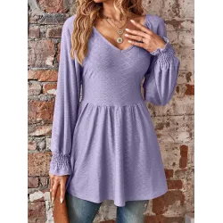 Elasticity Jacquard Pleated Solid Color Long Sleeves V-Neck T-Shirts Tops