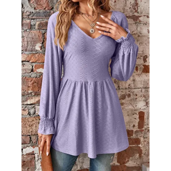 Elasticity Jacquard Pleated Solid Color Long Sleeves V-Neck T-Shirts Tops Elasticity Jacquard Pleated Solid Color Long Sleeves V-Neck T-Shirts Tops