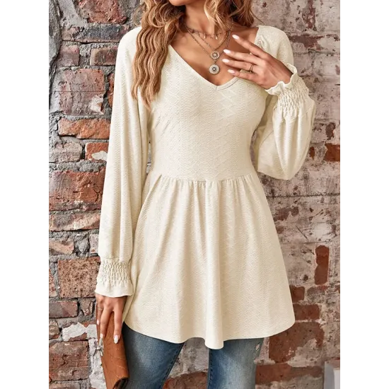 Elasticity Jacquard Pleated Solid Color Long Sleeves V-Neck T-Shirts Tops Elasticity Jacquard Pleated Solid Color Long Sleeves V-Neck T-Shirts Tops