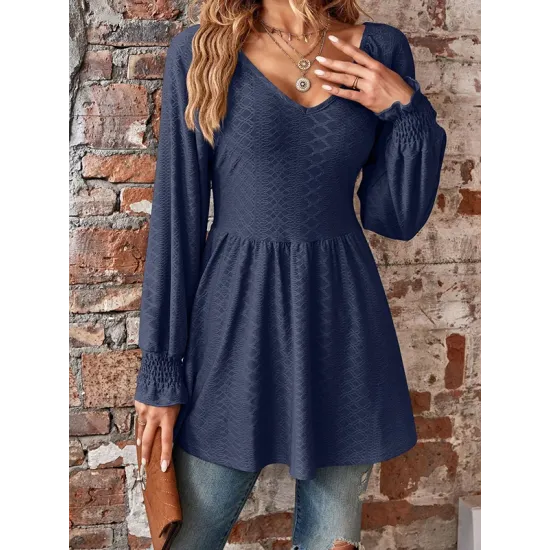 Elasticity Jacquard Pleated Solid Color Long Sleeves V-Neck T-Shirts Tops Elasticity Jacquard Pleated Solid Color Long Sleeves V-Neck T-Shirts Tops
