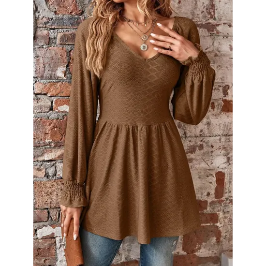 Elasticity Jacquard Pleated Solid Color Long Sleeves V-Neck T-Shirts Tops Elasticity Jacquard Pleated Solid Color Long Sleeves V-Neck T-Shirts Tops