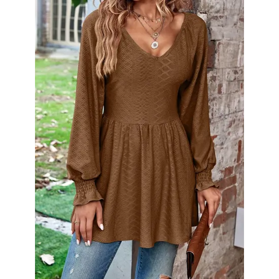 Elasticity Jacquard Pleated Solid Color Long Sleeves V-Neck T-Shirts Tops Elasticity Jacquard Pleated Solid Color Long Sleeves V-Neck T-Shirts Tops