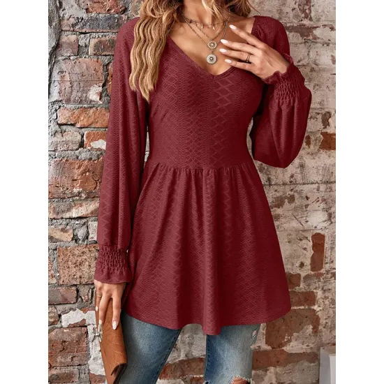 Elasticity Jacquard Pleated Solid Color Long Sleeves V-Neck T-Shirts Tops Elasticity Jacquard Pleated Solid Color Long Sleeves V-Neck T-Shirts Tops