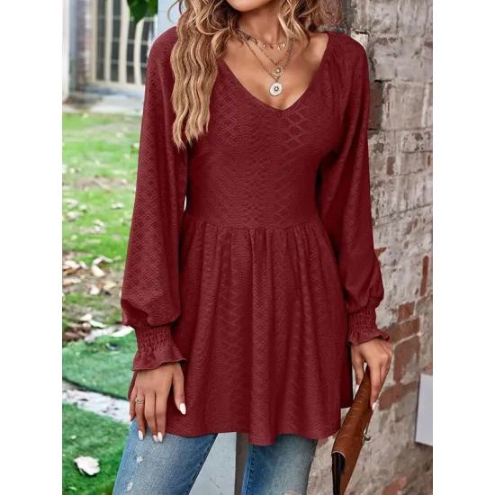 Elasticity Jacquard Pleated Solid Color Long Sleeves V-Neck T-Shirts Tops Elasticity Jacquard Pleated Solid Color Long Sleeves V-Neck T-Shirts Tops